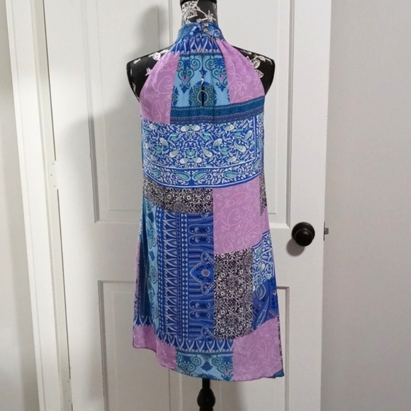 🆕️ 💜HTF Alice & Trixie💜 - Blue/Purple Floral Faux Wrap Halter Neck Silk Dress - Picture 2 of 14